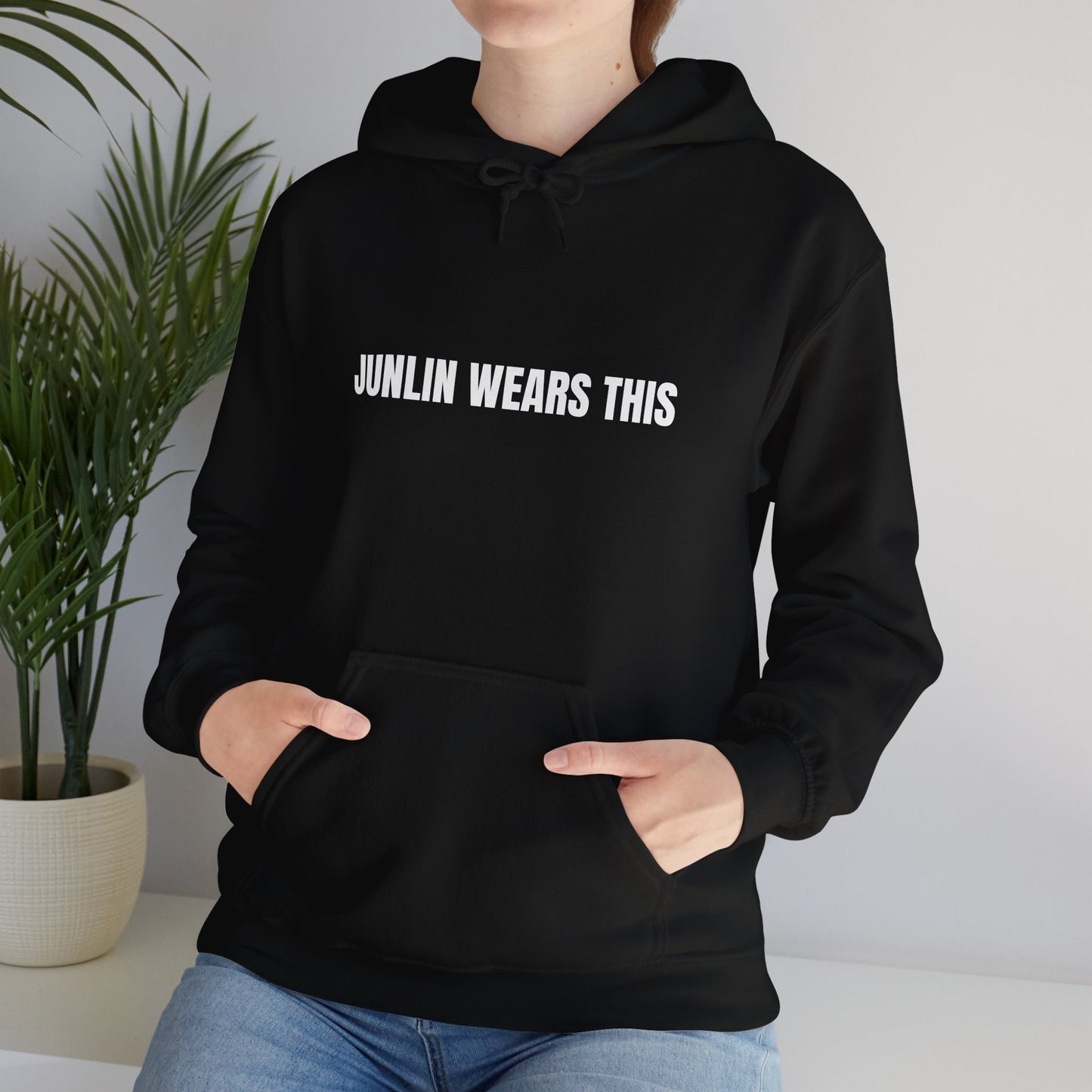JUNLIN WEARS THIS HOODIE. BLACK