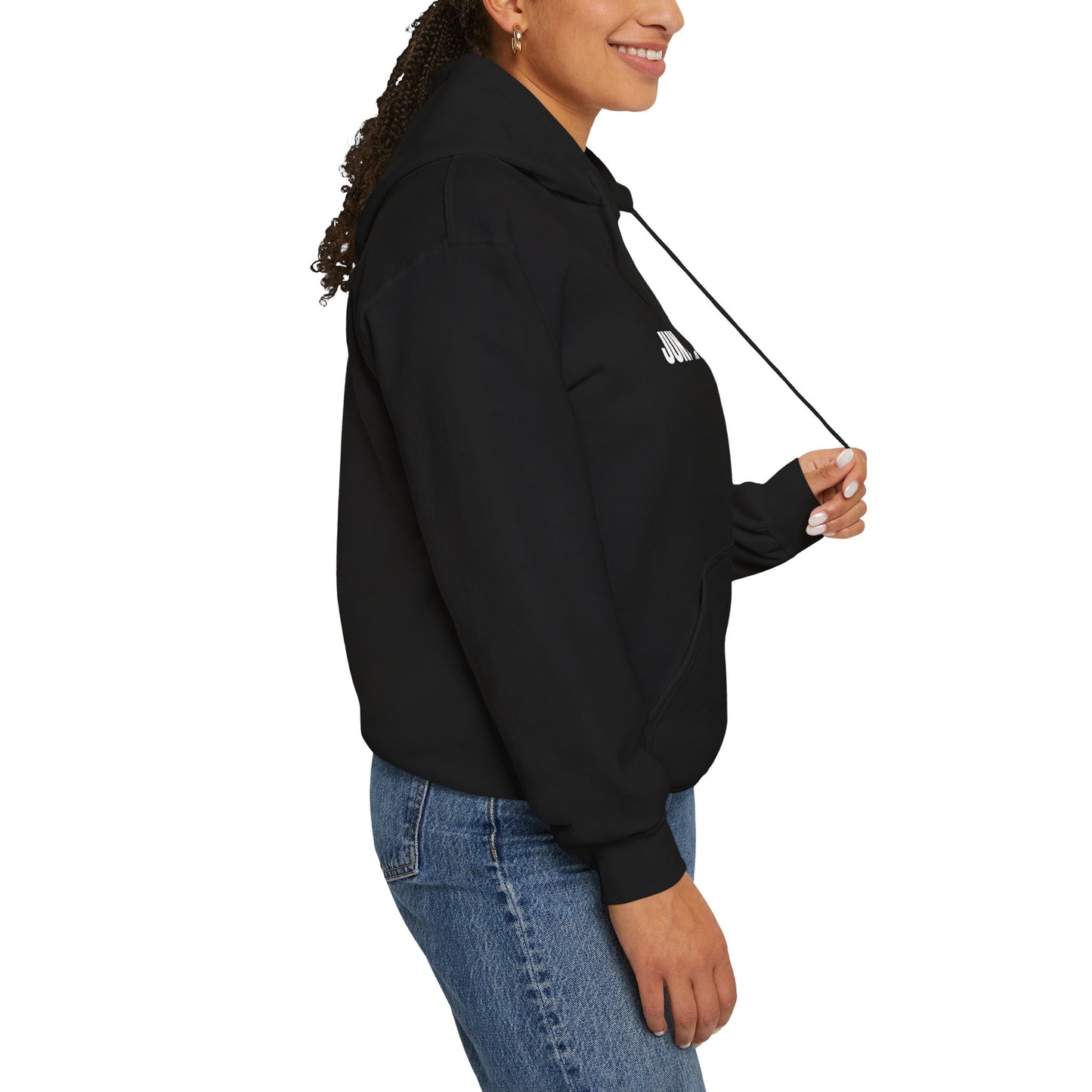 JUNLIN WEARS THIS HOODIE. BLACK