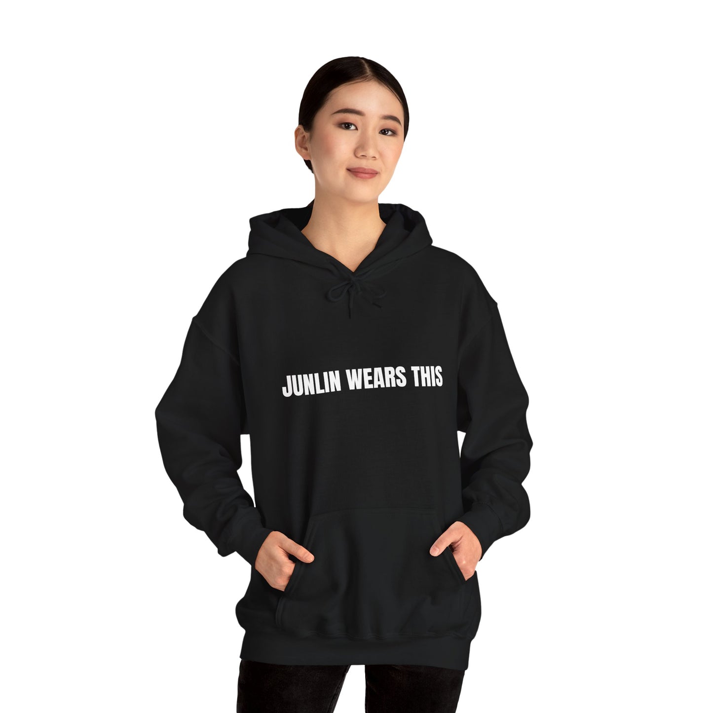 JUNLIN WEARS THIS HOODIE. BLACK