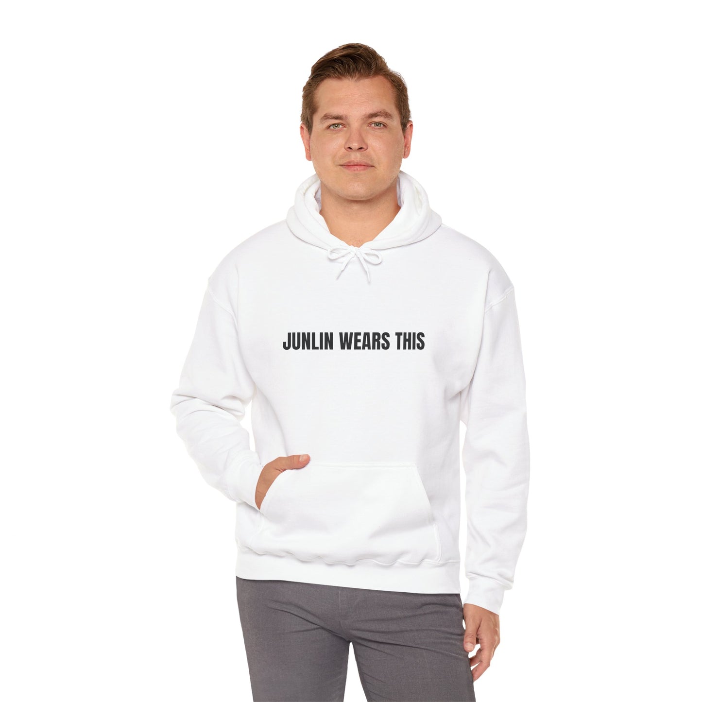 JUNLIN WEARS THIS HOODIE. WHITE