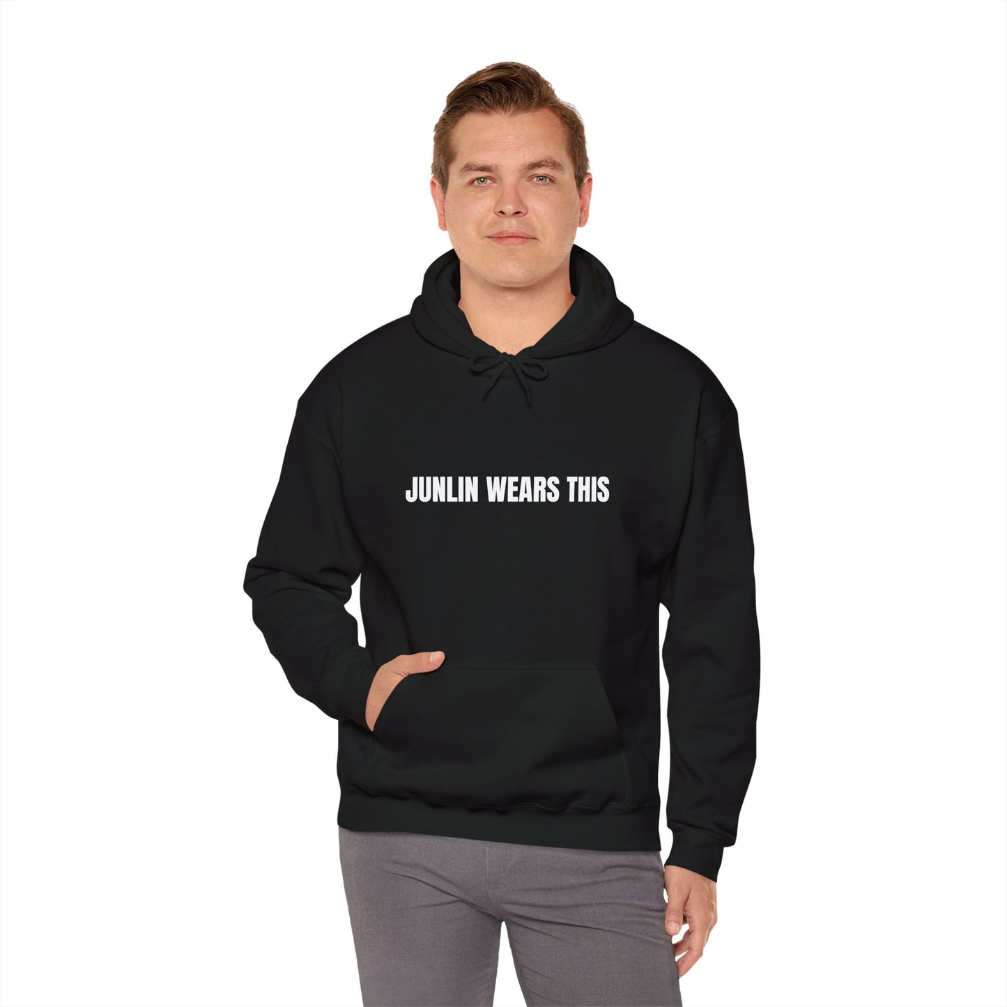 JUNLIN WEARS THIS HOODIE. BLACK