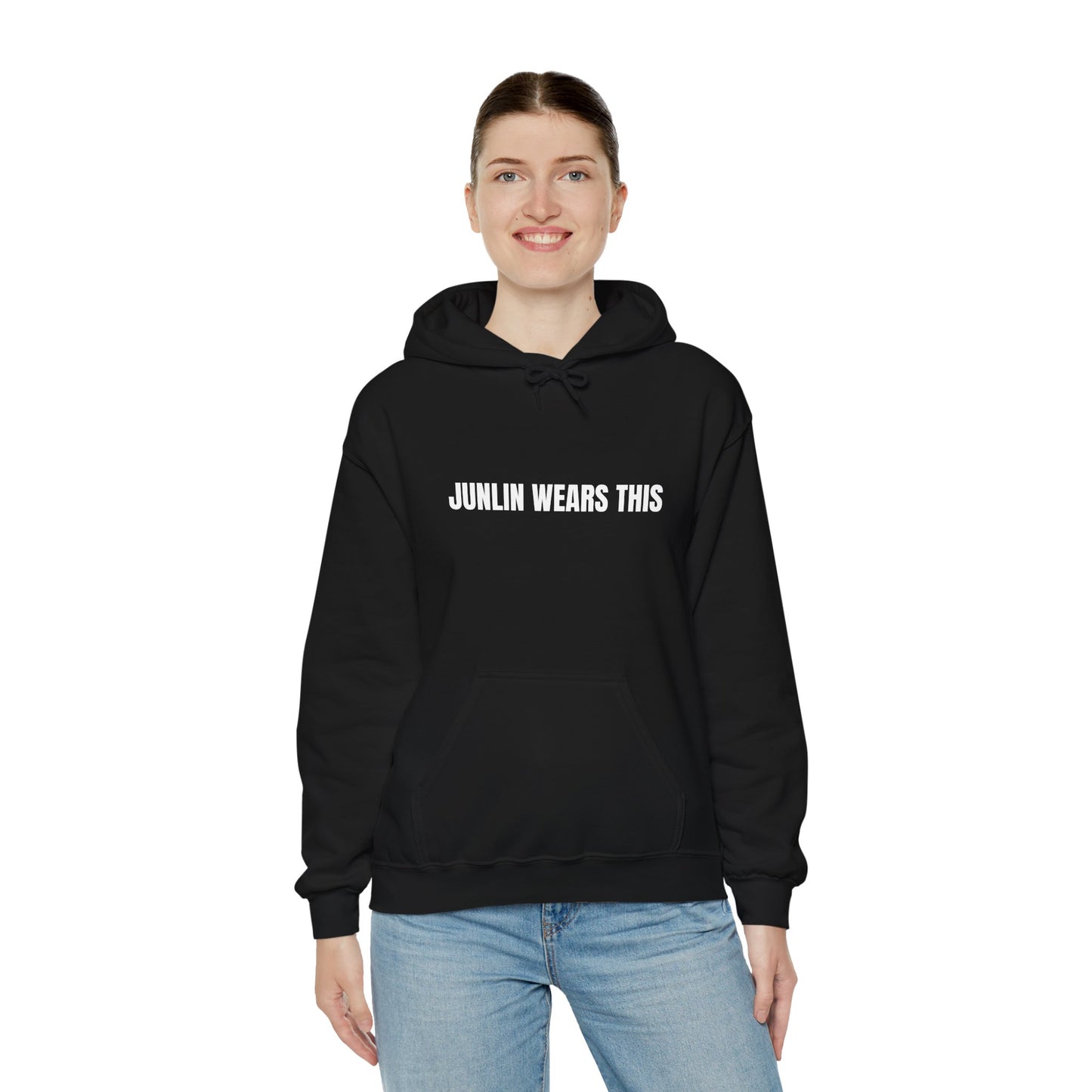 JUNLIN WEARS THIS HOODIE. BLACK